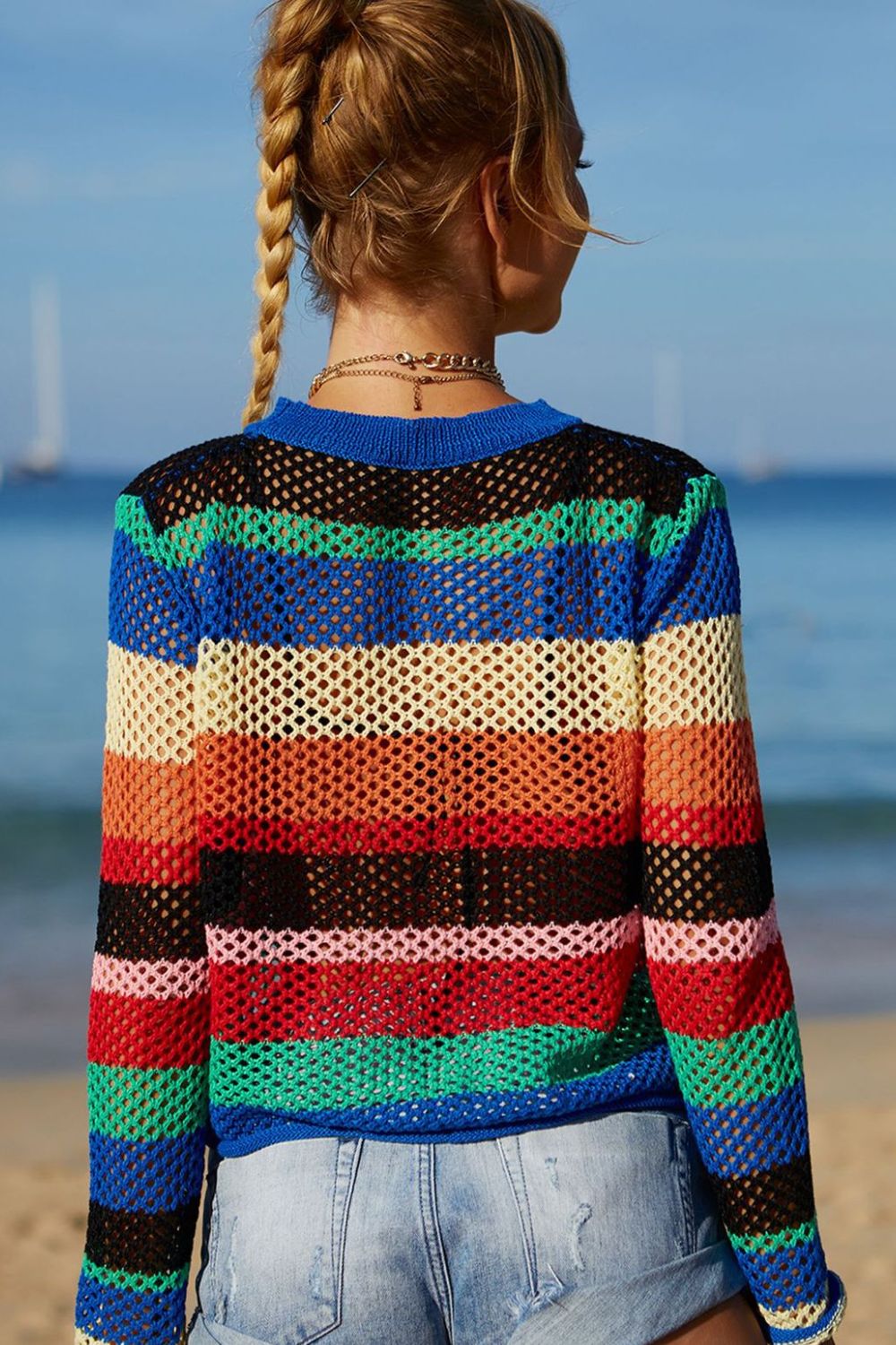 Rainbow Stripe Long Sleeve Cover-Up Shirt